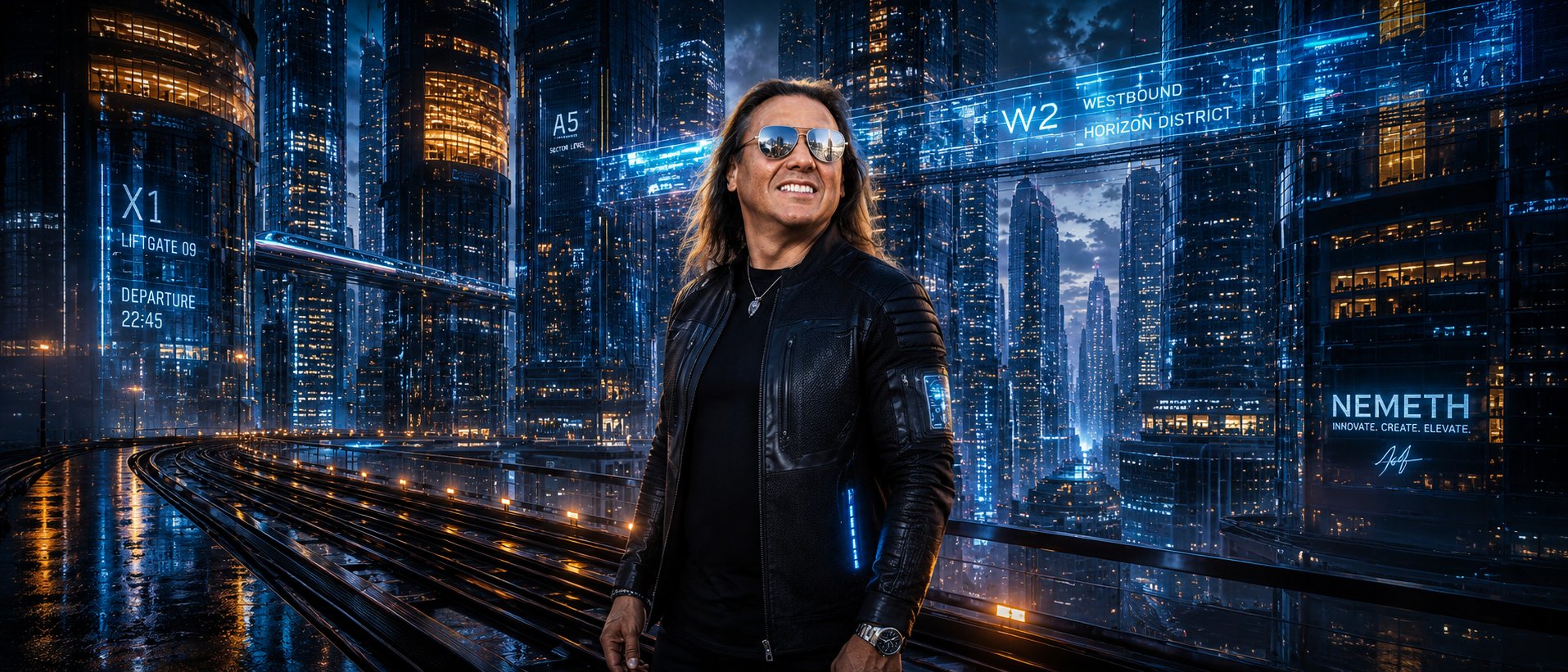 Byron Nemeth in a futuristic cityscape
